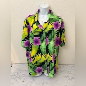 La Leela Women's Hawaiian Floral Shirt Short Sleeve Purple Green Size L Top​